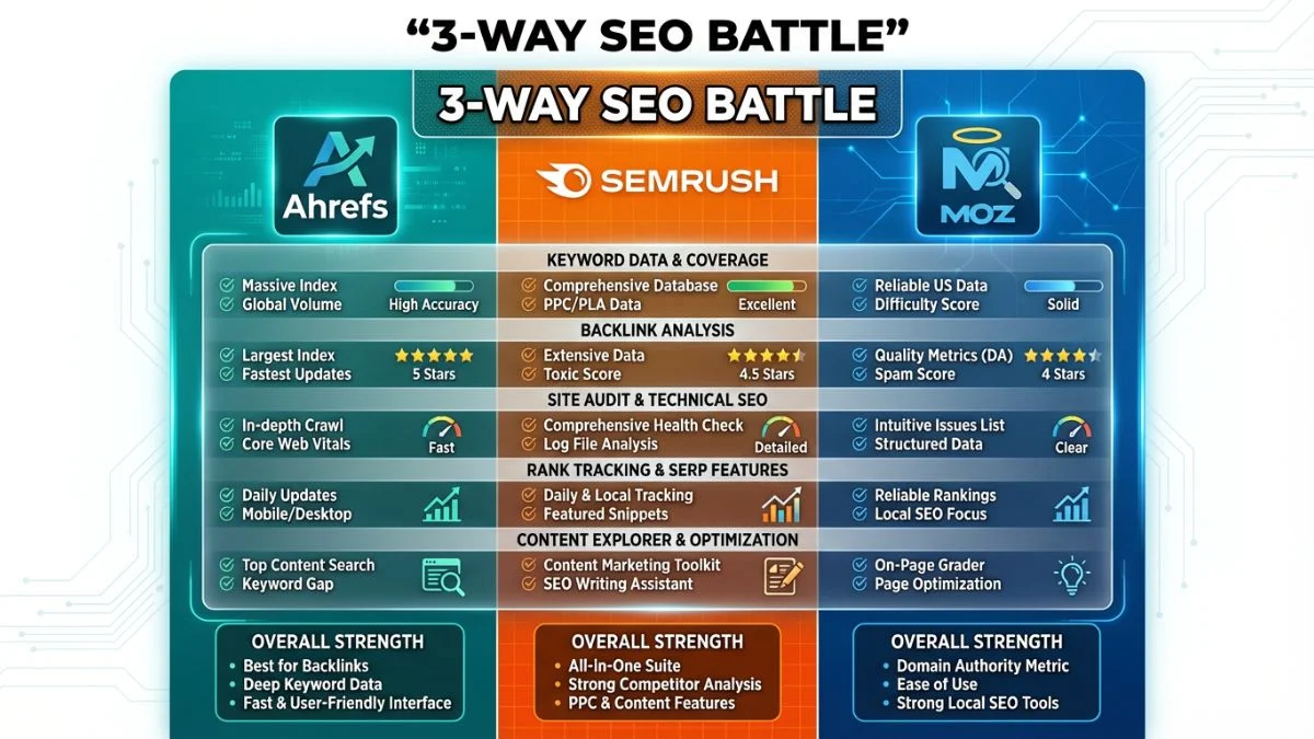 Ahrefs vs SEMrush vs Moz: 3-Way SEO Battle (2026 Ultimate Guide)