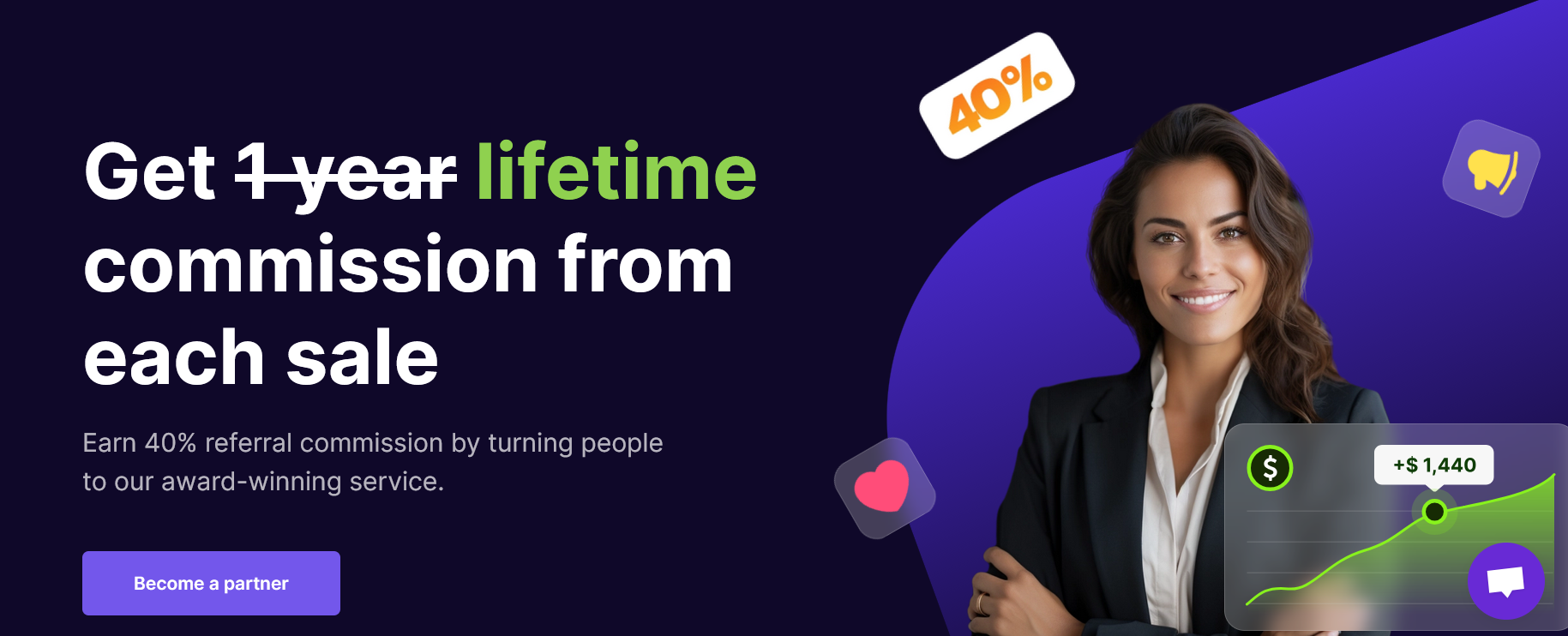 Snov.io affiliate program page offering a 40% lifetime commission on each sale