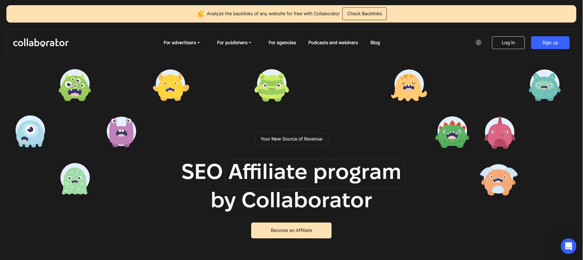 Collaborator SEO affiliate program landing page with a Become an Affiliate button
